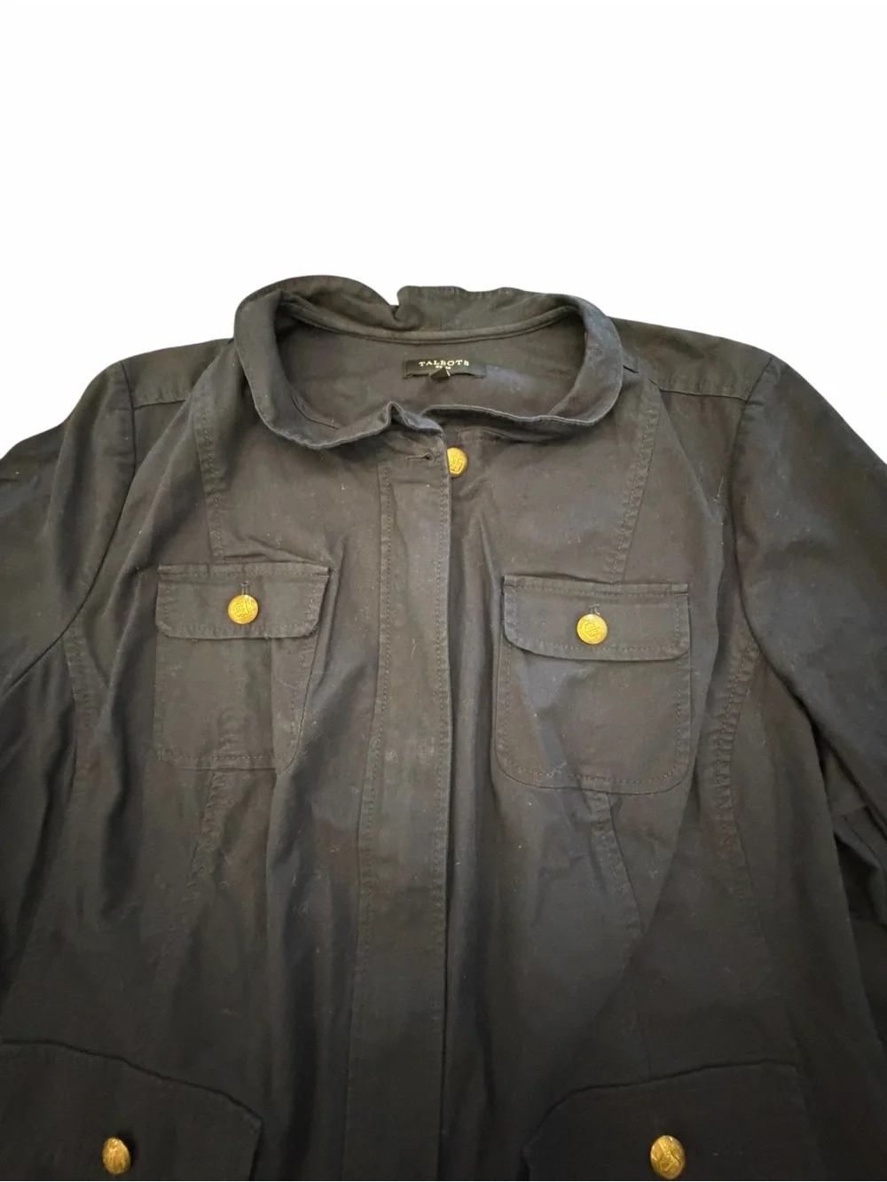 Talbots Navy Blue Utility Jacket Zip Up Military Gold Snaps 4 Pockets 20W Preppy